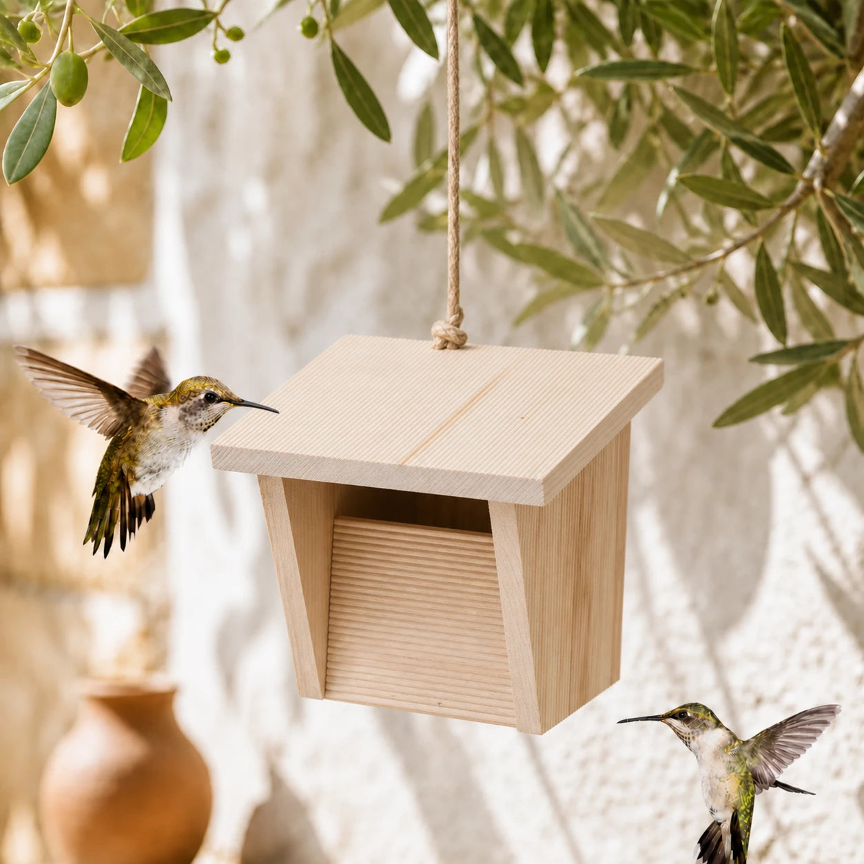 Halboffener Nistkasten aus hellem Holz mit Dach überstehend