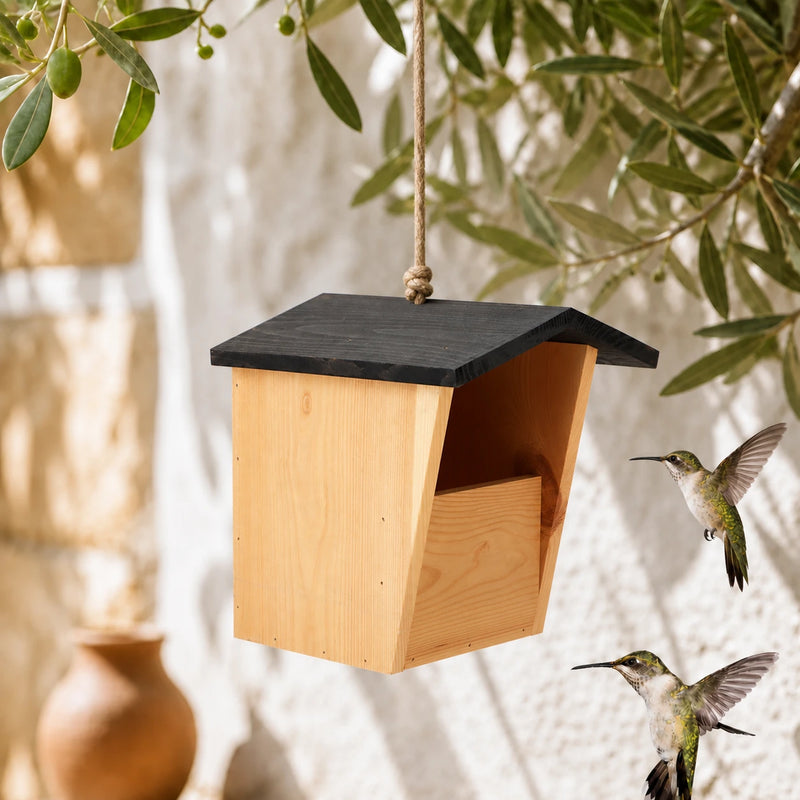 Halboffener Nistkasten aus Holz mit schwarzem Dach