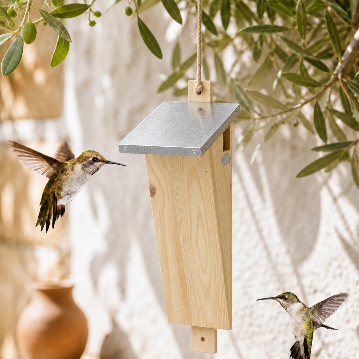 Nistkasten schlank aus Holz mit Dach aus Zink