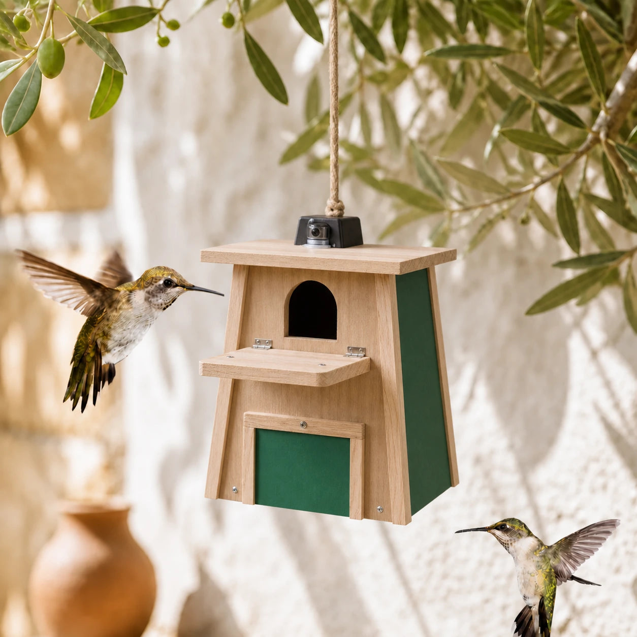 Vernetzter Nistkasten mit Balkon und Platten grün