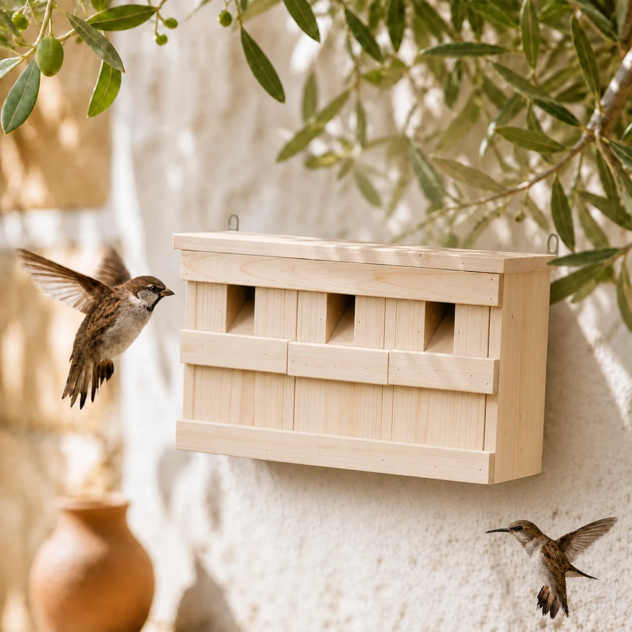 Nistkasten mit 3 Kammern aus Holz natürlich