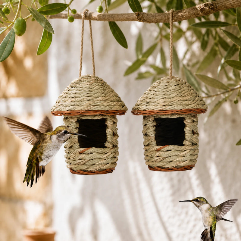 Set aus 2 Nistkästen hängend aus Rattan mit Dach konisch