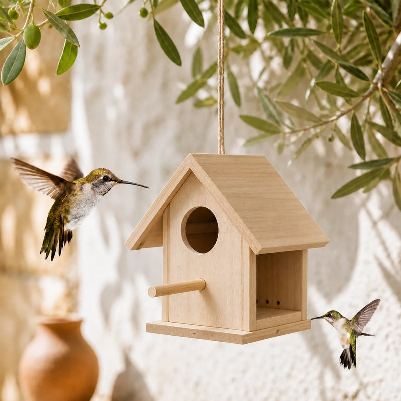 Nistkasten aus Holz mit Seite offen und Sitzstange