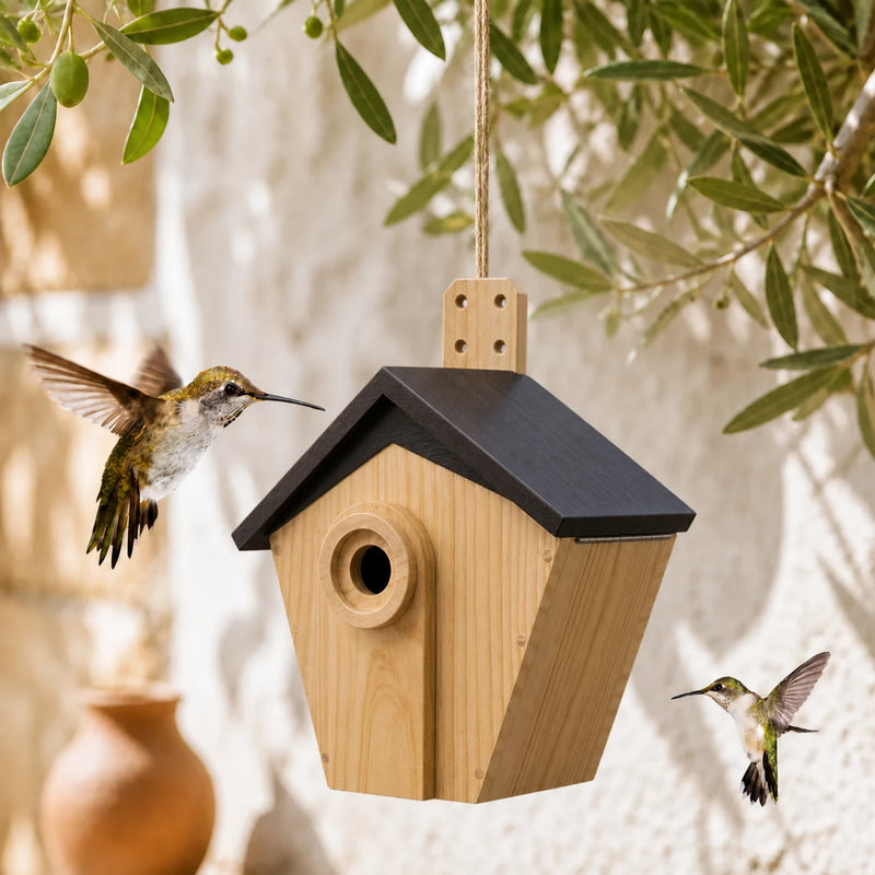 Nistkasten aus Holz braun mit schwarzem Dach und Eingang verstärkt