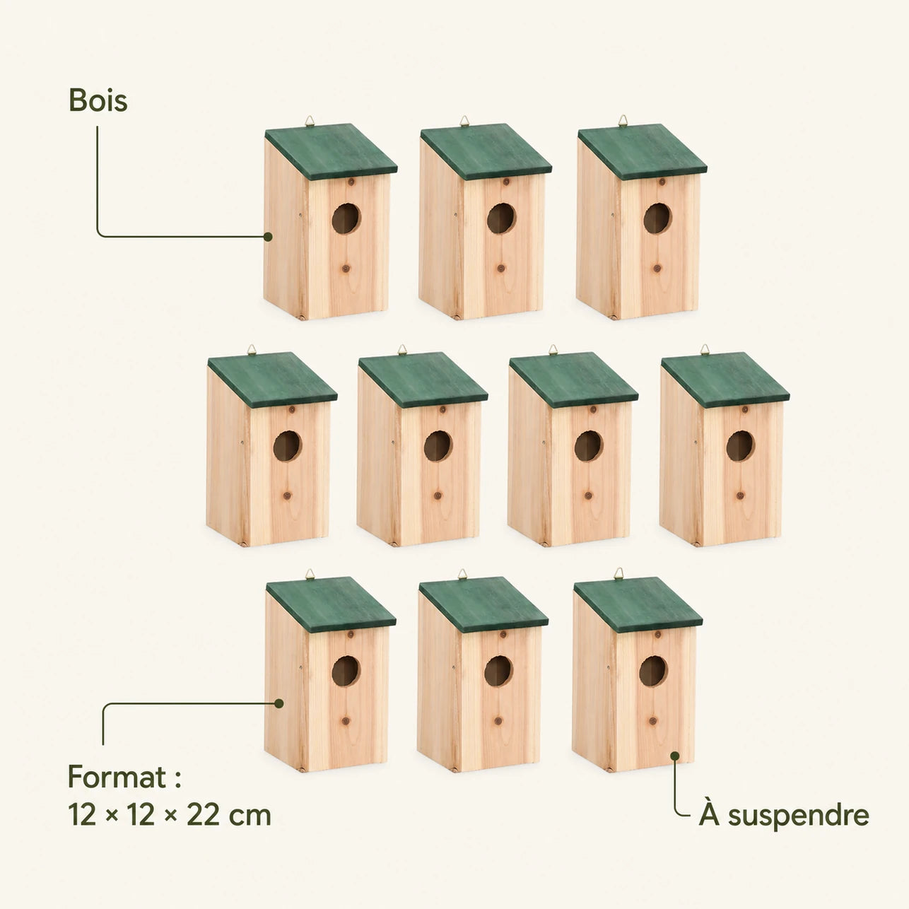 Set aus 10 Nistkästen aus Tanne grün, Maße 12 × 12 × 22 cm — Foto 4