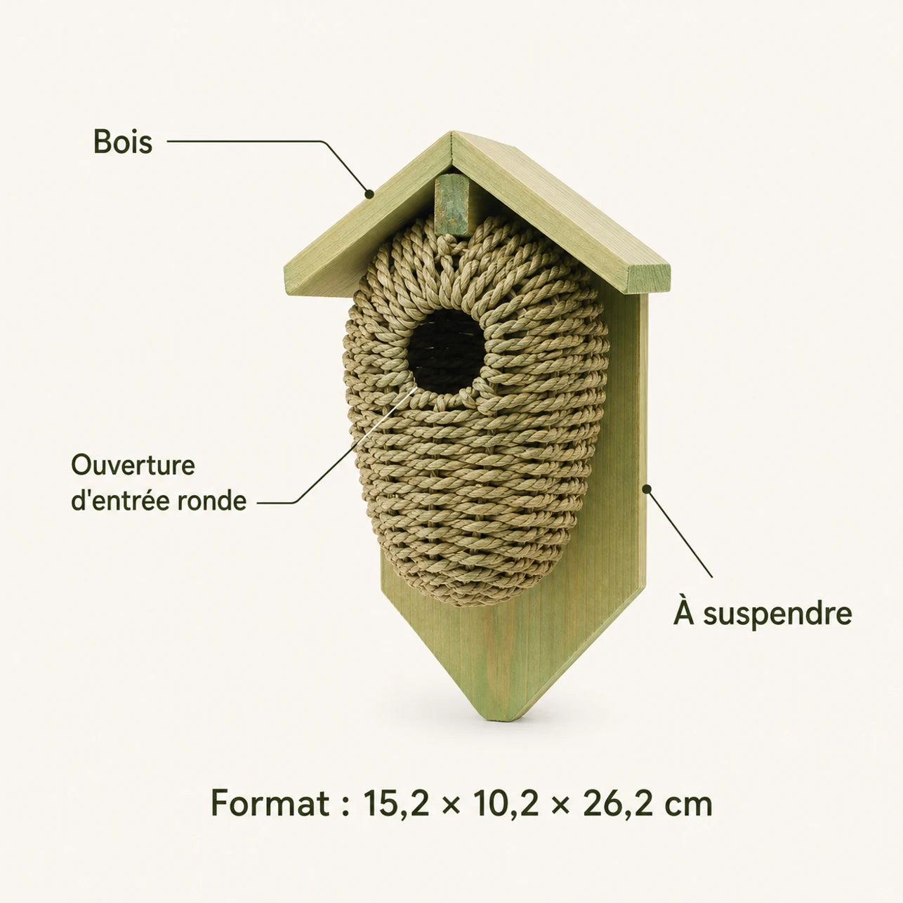 Nistkasten aus Holz und Seegras aus mer grün, Maße 15,2 × 10,2 × 26,2 cm — Foto 4