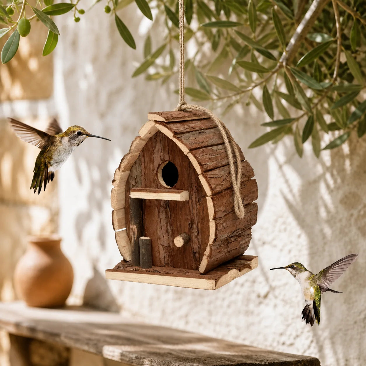 Rustikaler, mit Rinde verkleideter Nistkasten in einem Garten