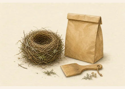 Altes Nest und Herbstlaub neben dem Pflegematerial