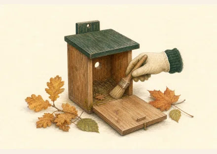 Geöffneter Nistkasten, der im Herbst mit einer kleinen Bürste gereinigt wird