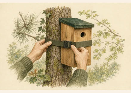 Mit einem breiten Schutzgurt an einem Baum befestigter Holznistkasten